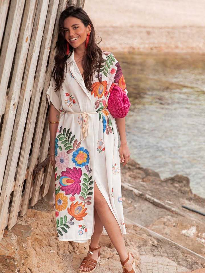 Women’s Placement Print Loose Casual Beach Dress – Seaside Resort Long Robe