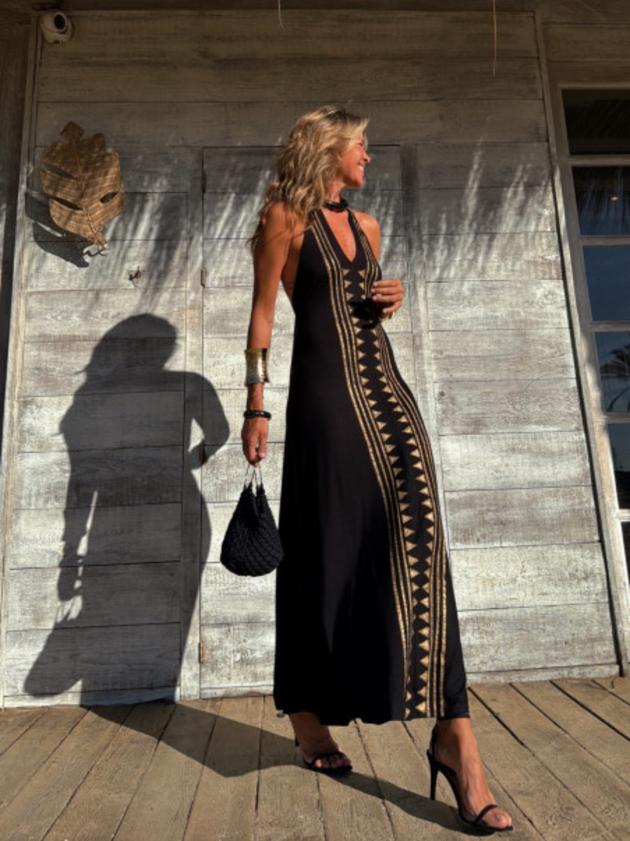 Women’s Summer New Arrival Influencer Style Placement Print V-Neck Backless Halter Tie Sexy Maxi Dress