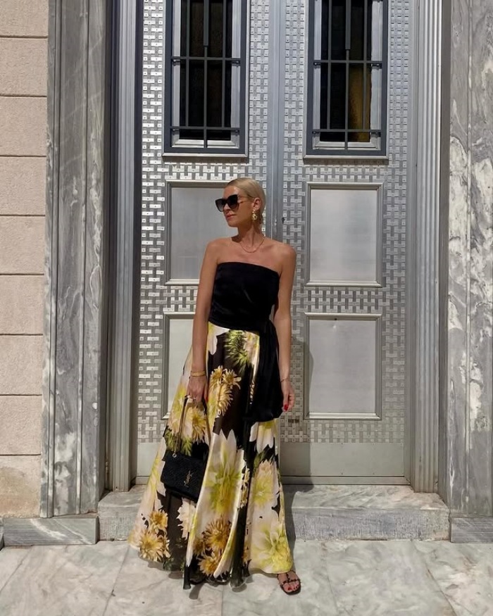 Women’s Influencer Style Sexy Strapless Top + Printed Flared Skirt Set