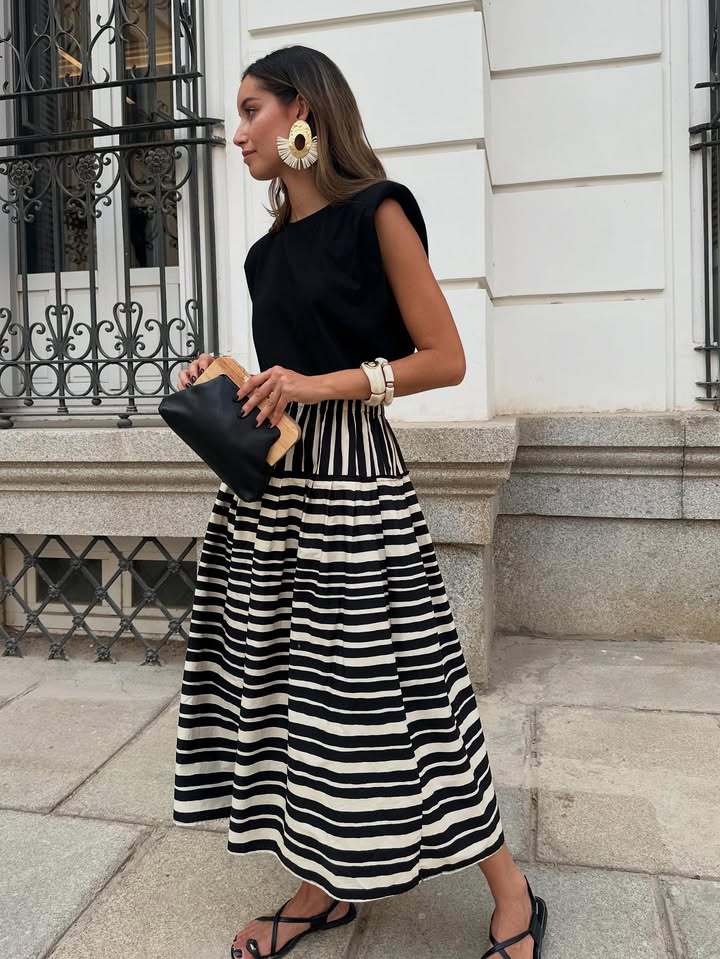 Women’s New Arrival Stripe Print Pleated Elegant A-Line Skirt