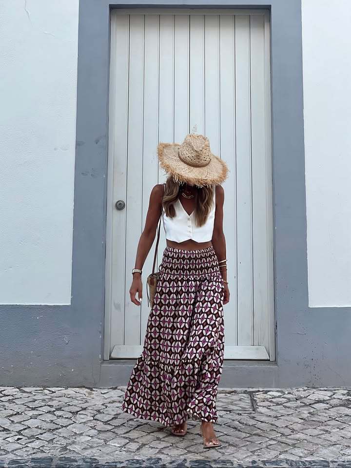 Women’s Fall New Arrival Print Elastic Waist Flared Resort Long Skirt