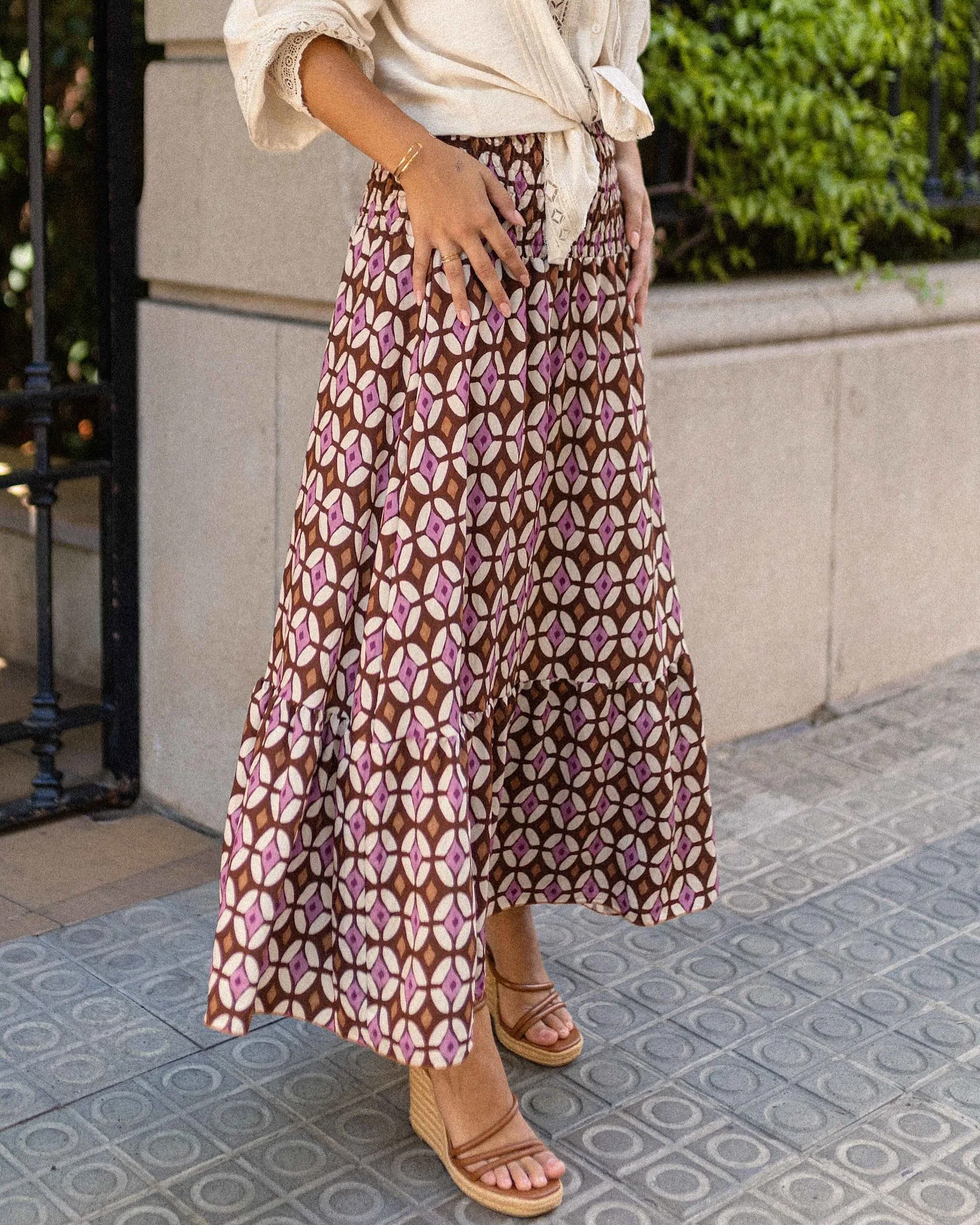 Women’s Ins Influencer Style Print Shirred Elastic Waist Flared Long Skirt