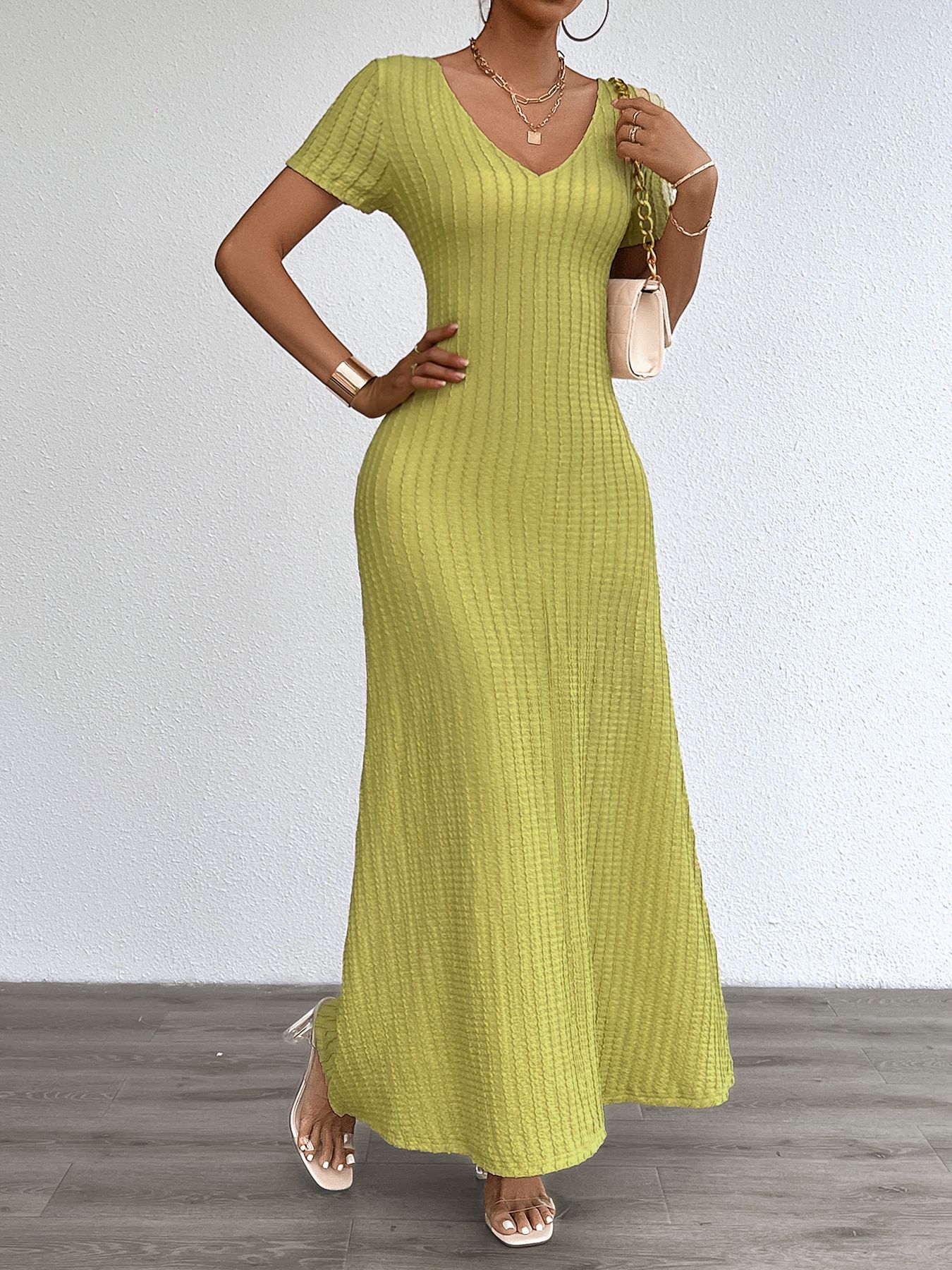 Women’s Plus Size Solid Sexy Deep V-Neck Short Sleeve Long Dress – Summer New Arrival Bestseller