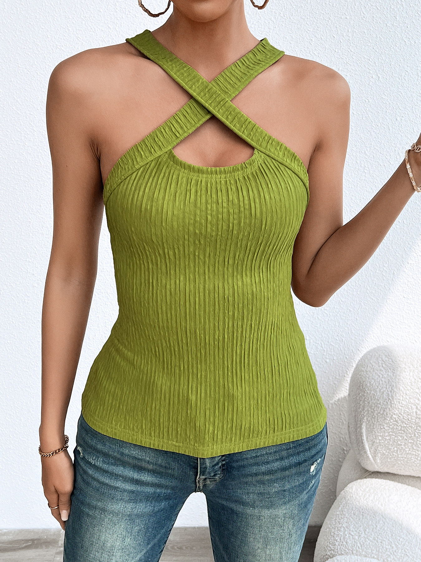 Women’s Halter Sleeveless Sanded Ribbed Knit Top – Fashionable & Versatile