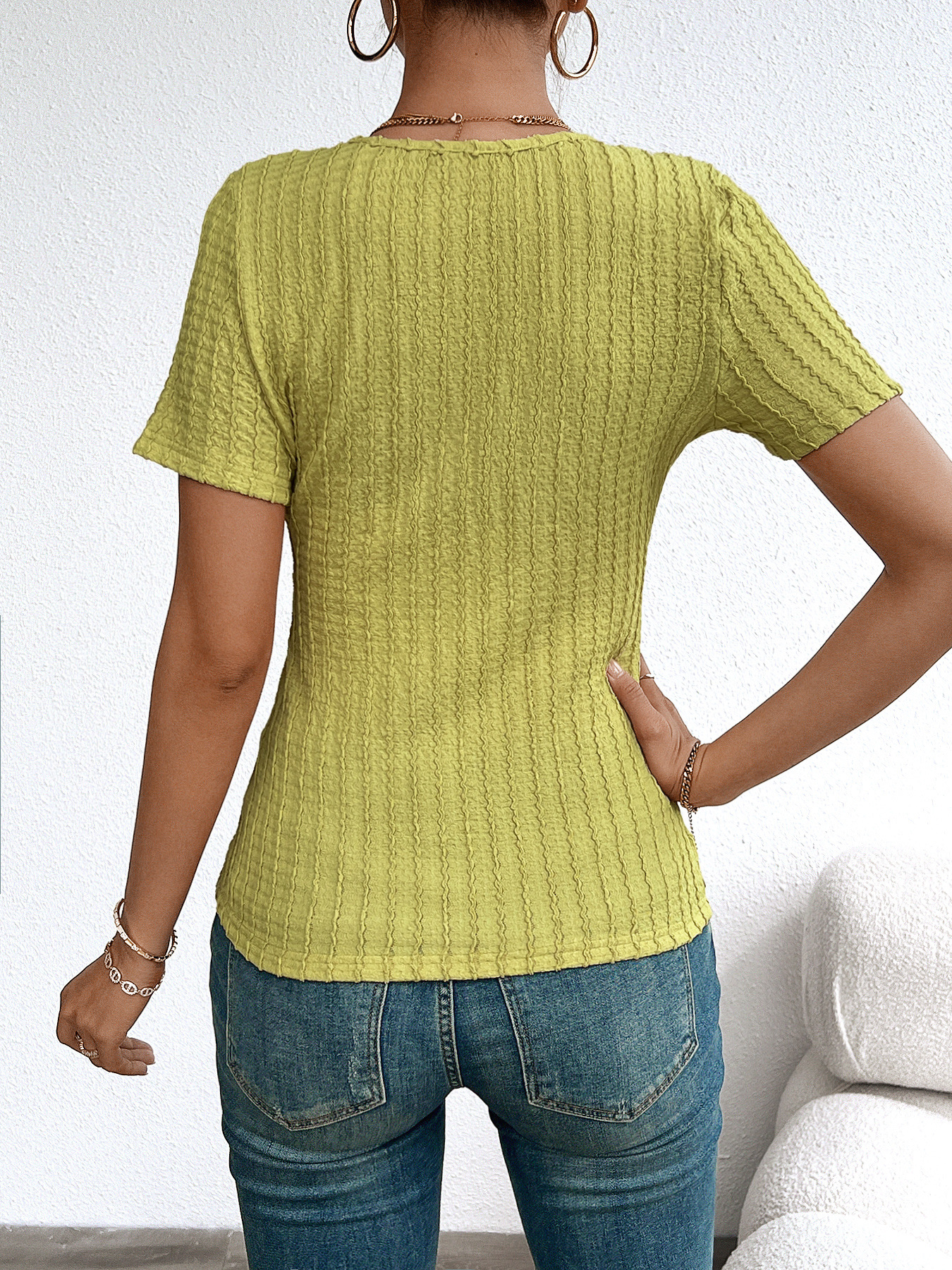 Women’s Spring/Summer Elegant Ribbed Pullover Long Sleeve V-Neck Slim-Fit T-Shirt