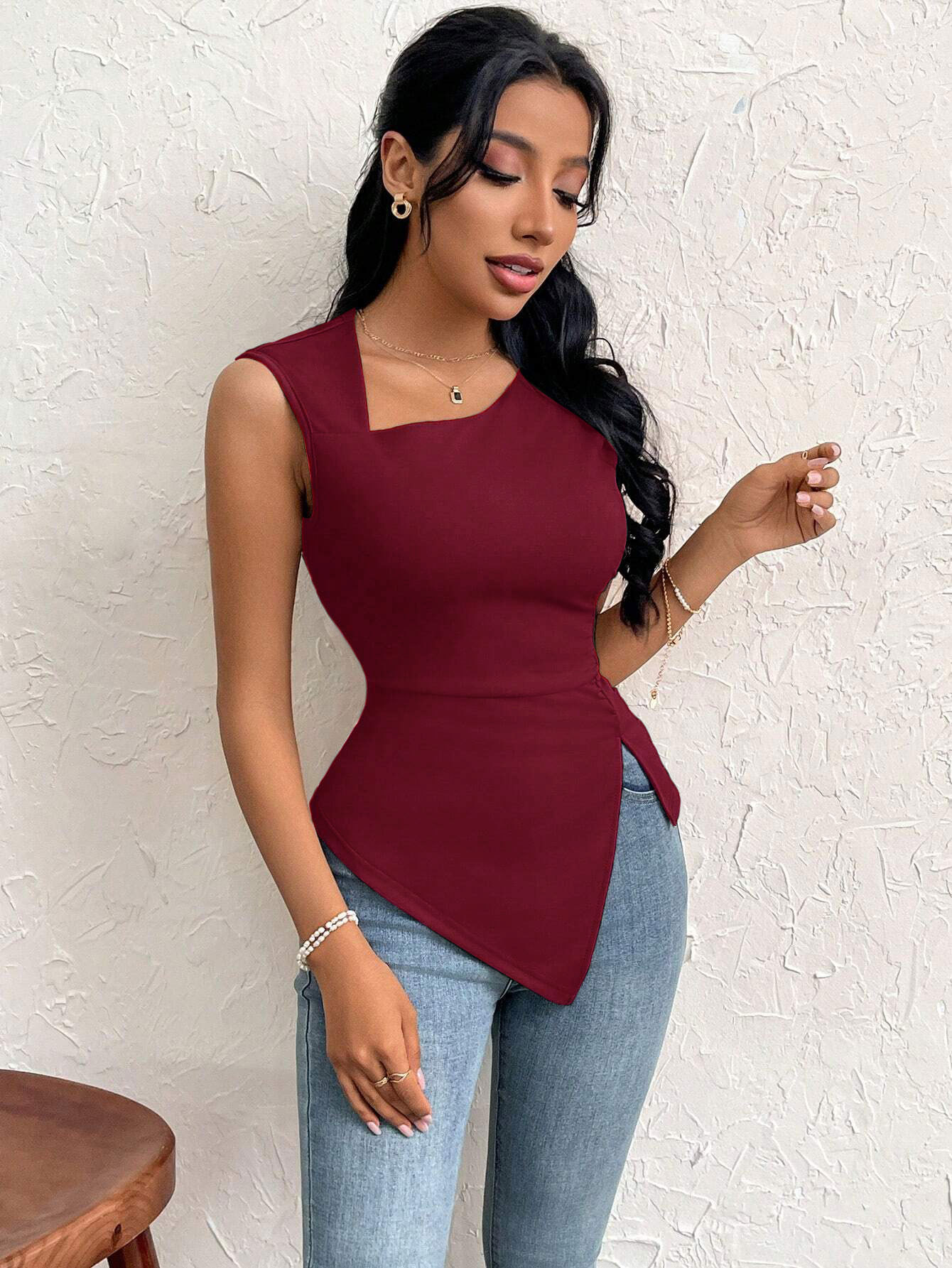 Women’s Elegant T-Shirt – Spring/Summer 2026 New Arrival Asymmetric Neck Slim-Fit Short Solid Top