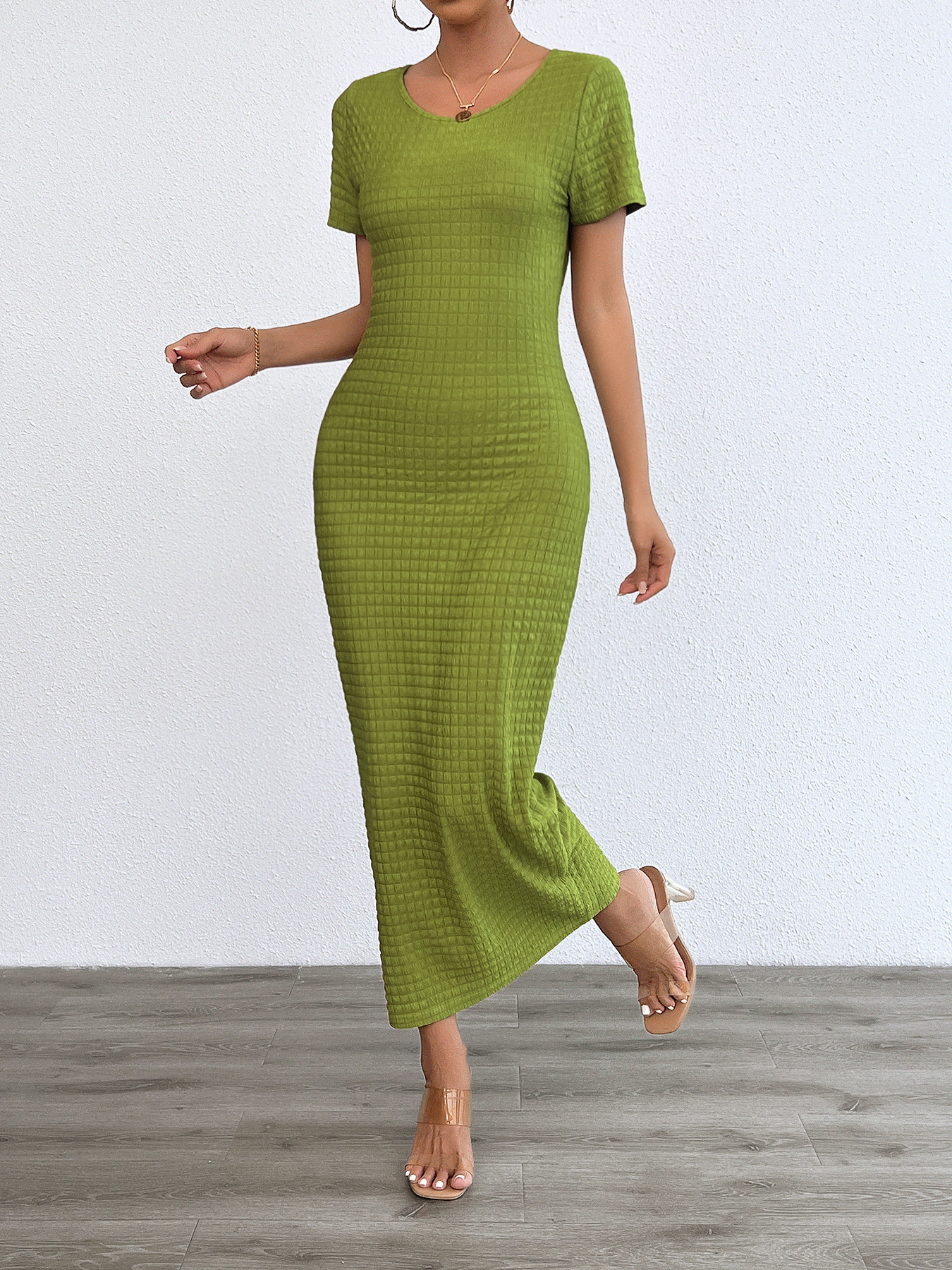 Women’s Spring/Summer New Arrival Fashion Casual Solid Round Neck Slim-Fit Dress