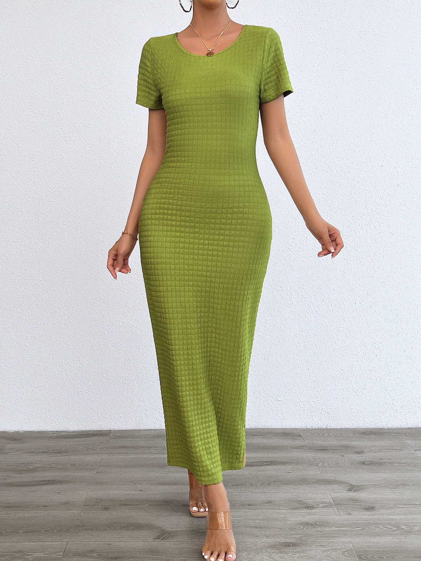 Women’s Spring/Summer New Arrival Fashion Casual Solid Round Neck Slim-Fit Dress