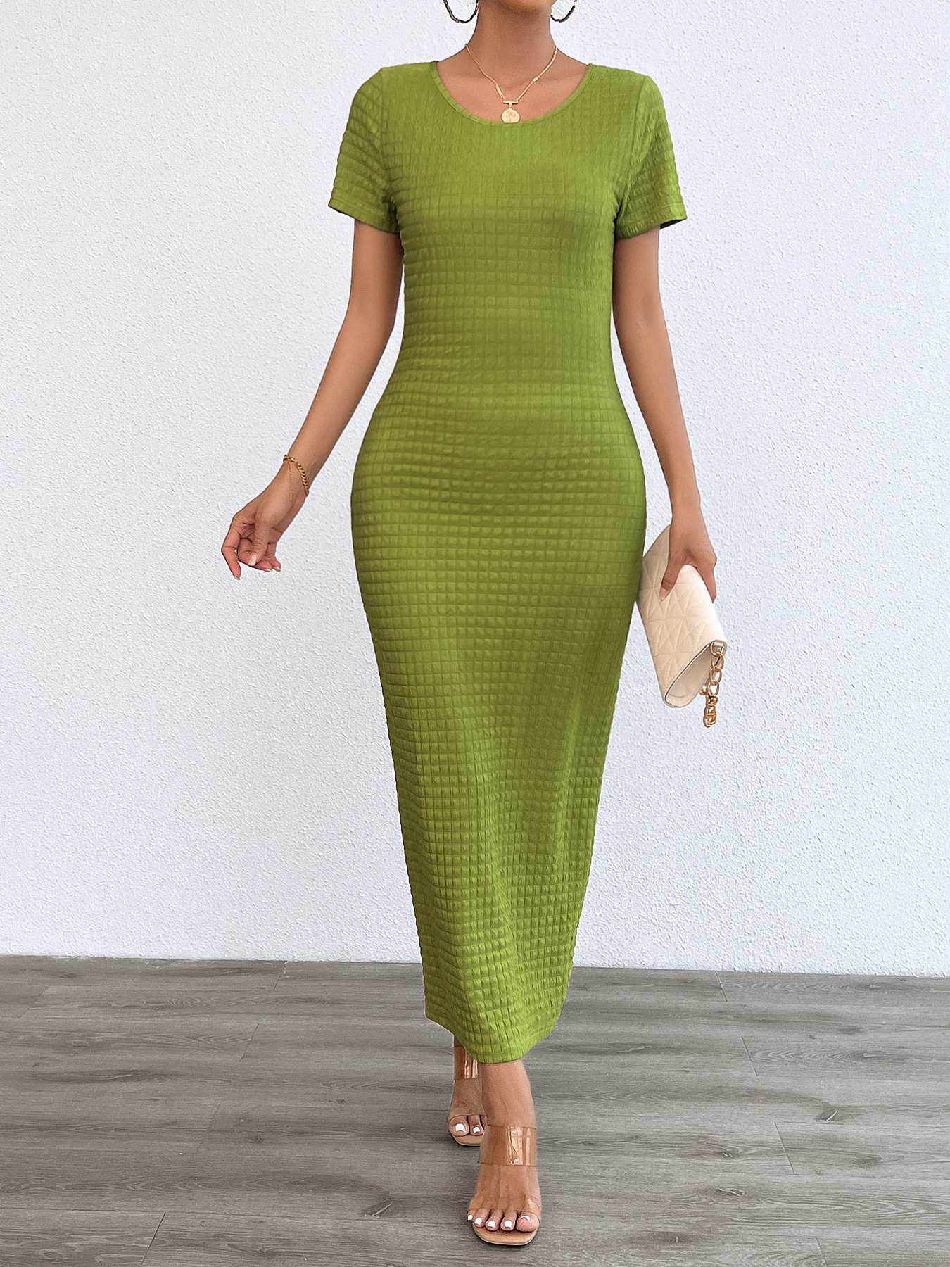 Women’s Spring/Summer New Arrival Fashion Casual Solid Round Neck Slim-Fit Dress