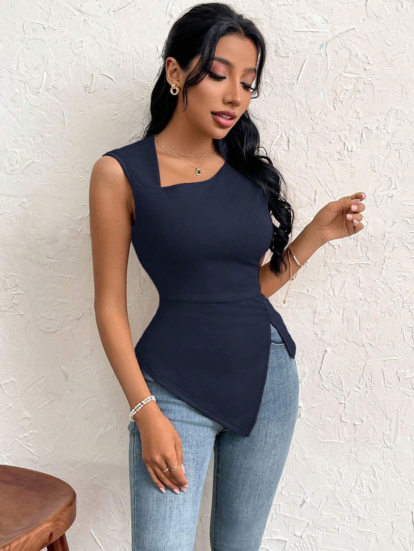 Women’s Elegant T-Shirt – Spring/Summer 2026 New Arrival Asymmetric Neck Slim-Fit Short Solid Top