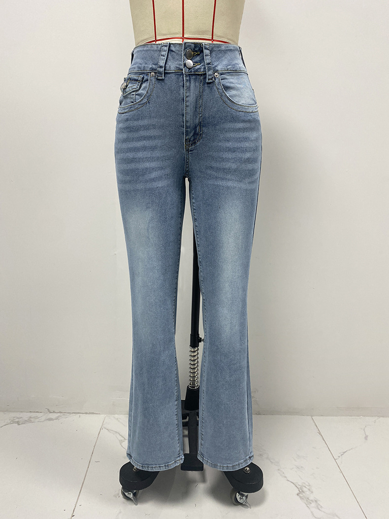 Women’s Spring/Summer Mid-Rise Double Button Straight-Leg Slim-Fit Jeans – Elegant Long Denim Pants