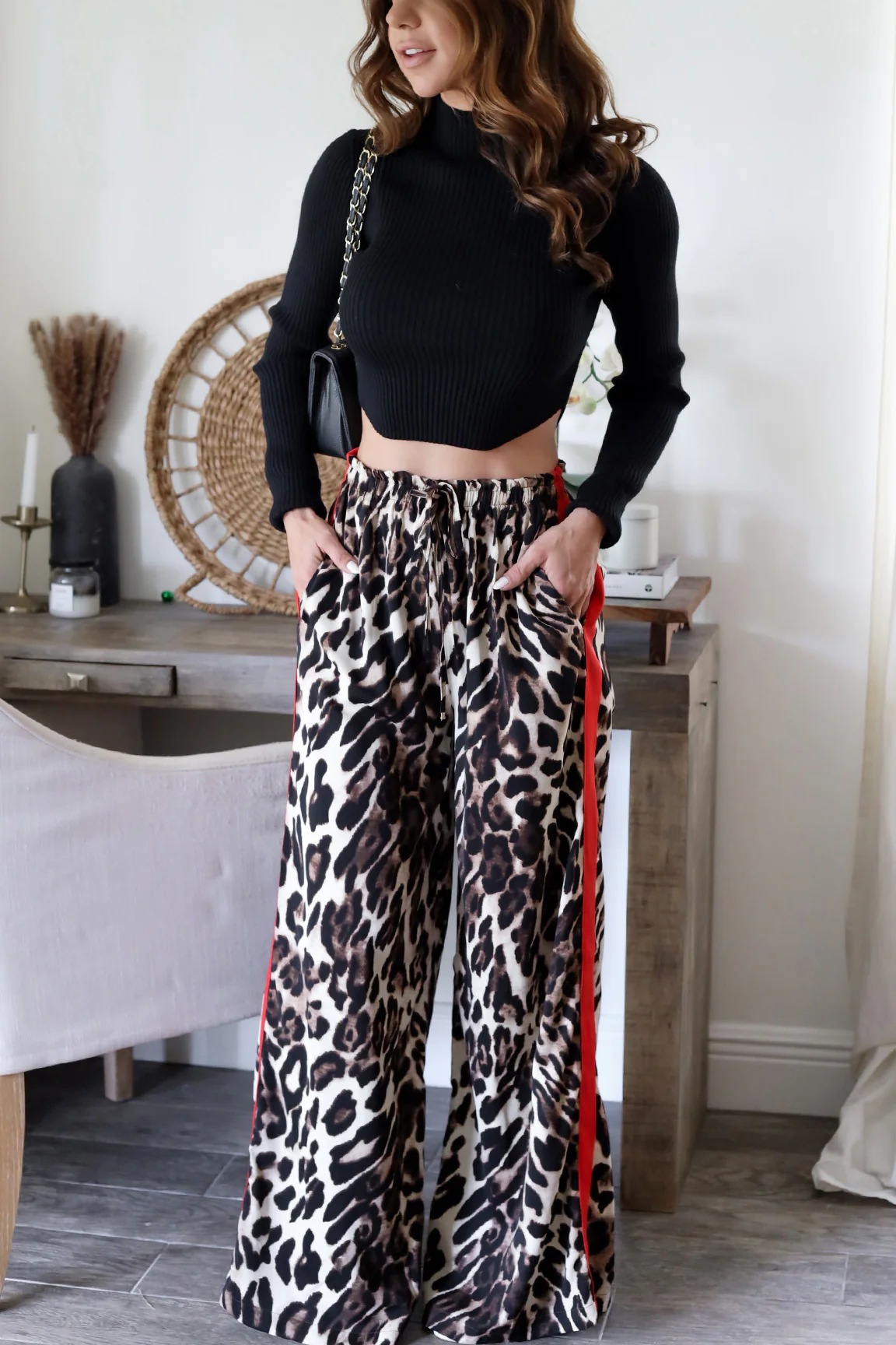 Women’s New Arrival Leopard Print Patchwork Elegant Wide-Leg Long Pants