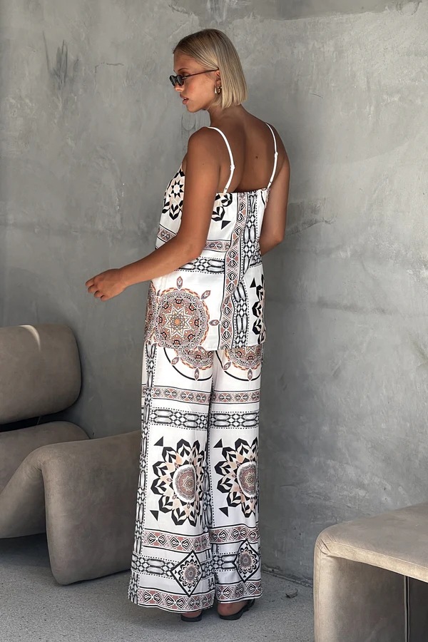 Women’s Placement Print Loose Casual Camisole Top + Wide-Leg Straight Pants Set