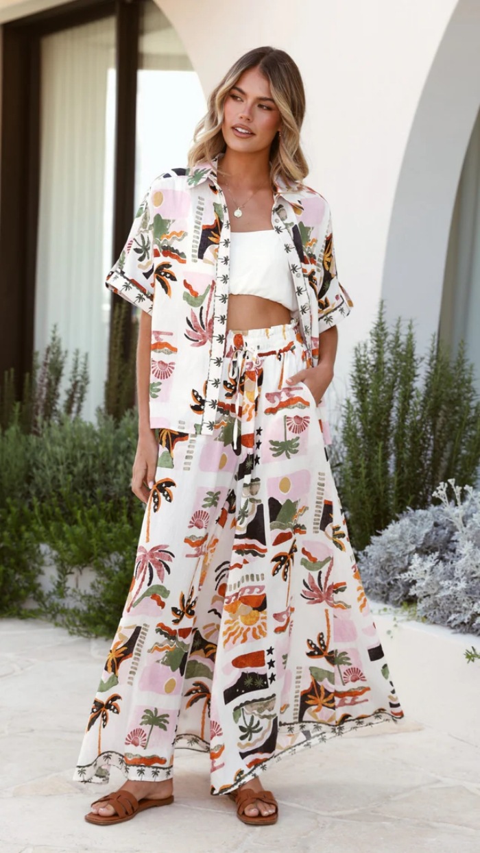 Women’s New Arrival Beach Resort Style Beach Print Loose Casual Short Sleeve Shirt Wide-Leg Pants Set