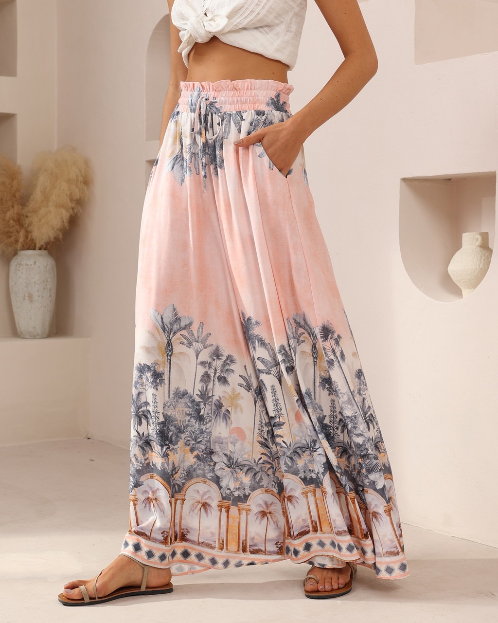 Women’s Summer New Arrival Printed Casual Resort Elastic Waist Wide-Leg Long Pants