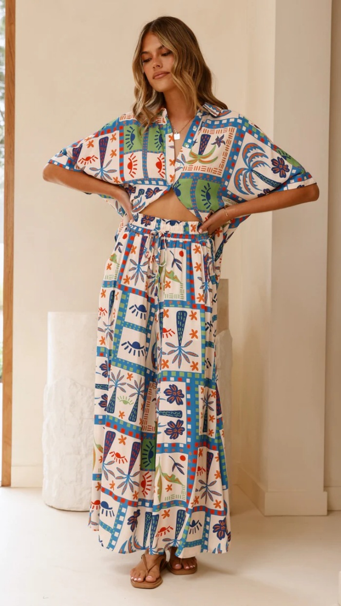 Women’s Summer New Arrival Beach Print Resort Casual Loose Short Sleeve Shirt + Wide-Leg Pants Set