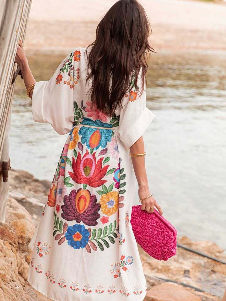 Women’s Placement Print Loose Casual Beach Dress – Seaside Resort Long Robe