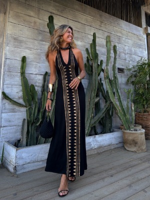 Women’s Summer New Arrival Influencer Style Placement Print V-Neck Backless Halter Tie Sexy Maxi Dress