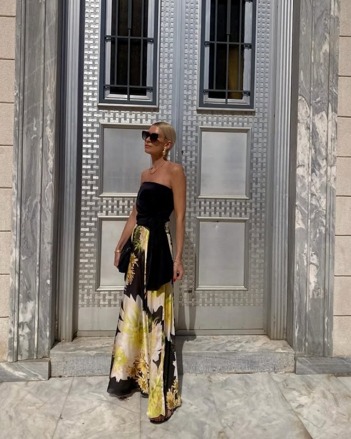 Women’s Influencer Style Sexy Strapless Top + Printed Flared Skirt Set