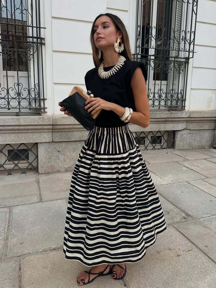 Women’s New Arrival Stripe Print Pleated Elegant A-Line Skirt