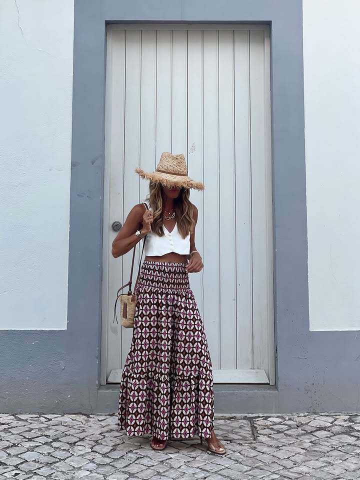 Women’s Fall New Arrival Print Elastic Waist Flared Resort Long Skirt