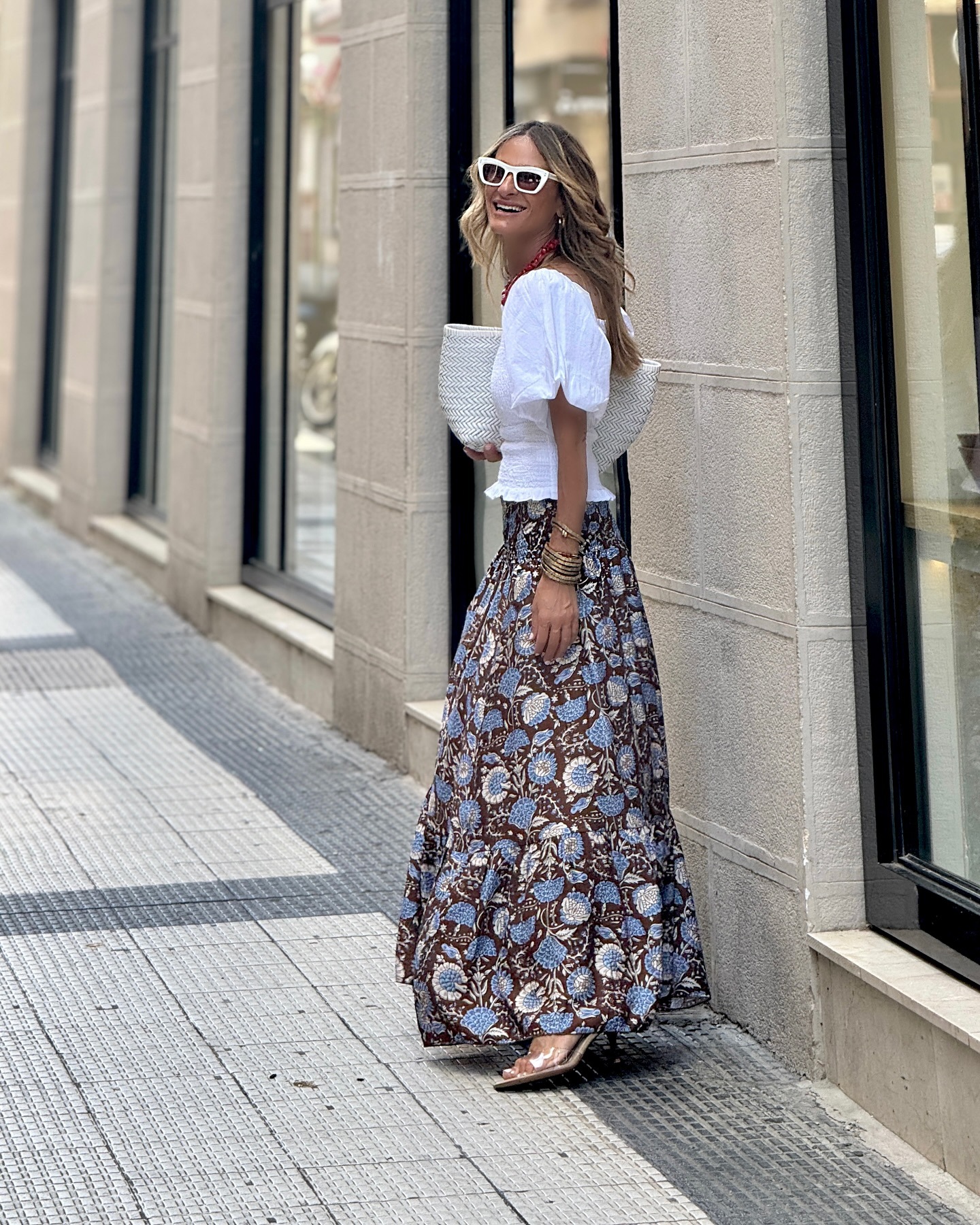 Women’s Influencer Style Elastic Waist Flared Printed Long Skirt