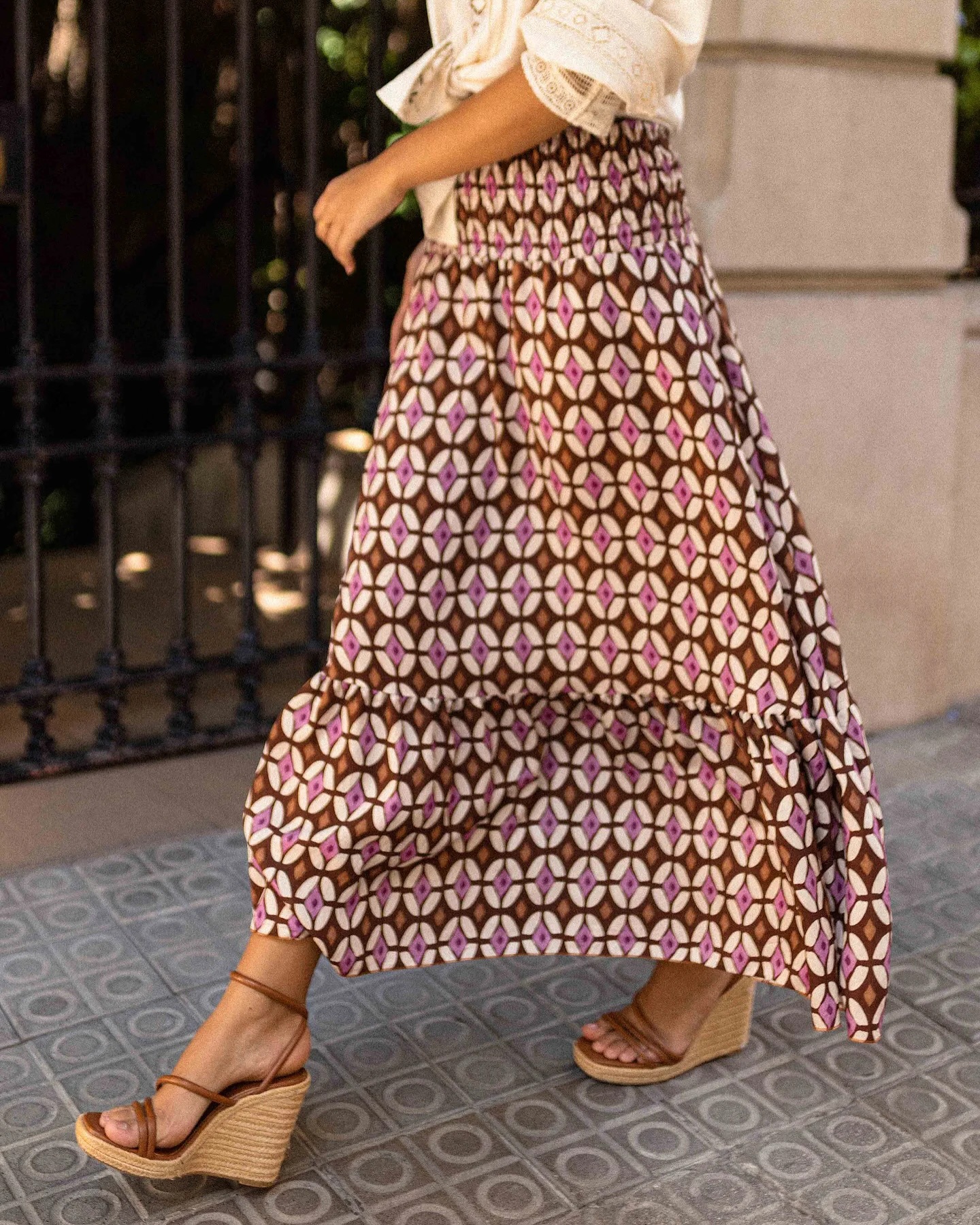 Women’s Ins Influencer Style Print Shirred Elastic Waist Flared Long Skirt