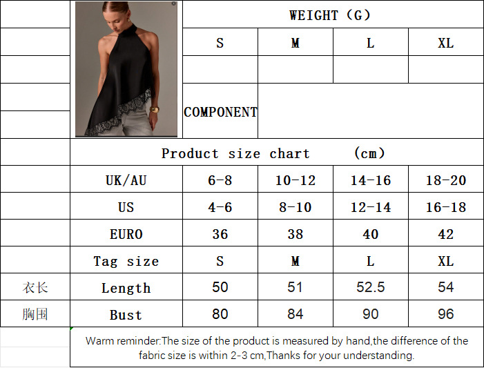 Women’s Summer Satin Patchwork Lace Sleeveless Halter Neck New Arrival Off-Shoulder Asymmetric Top