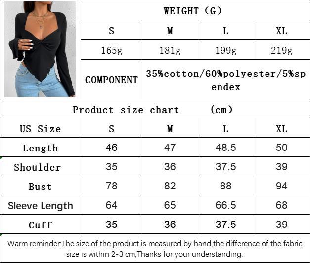 Women’s Resort V-Neck Flare Sleeve Waist-Cinching Asymmetric Knit Long Sleeve T-Shirt Top