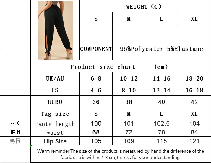 Women’s Retro Fashion Commuter Black High-Waist Drawstring Slit Tie Elastic Cuff Casual Pants
