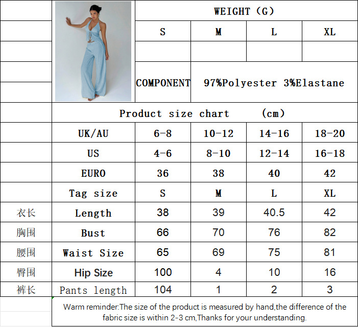 Women’s Lazy Resort Style Set – Light Blue Halter Tie Crop Top with High-Waist Wide-Leg Pants Two-Piece Set