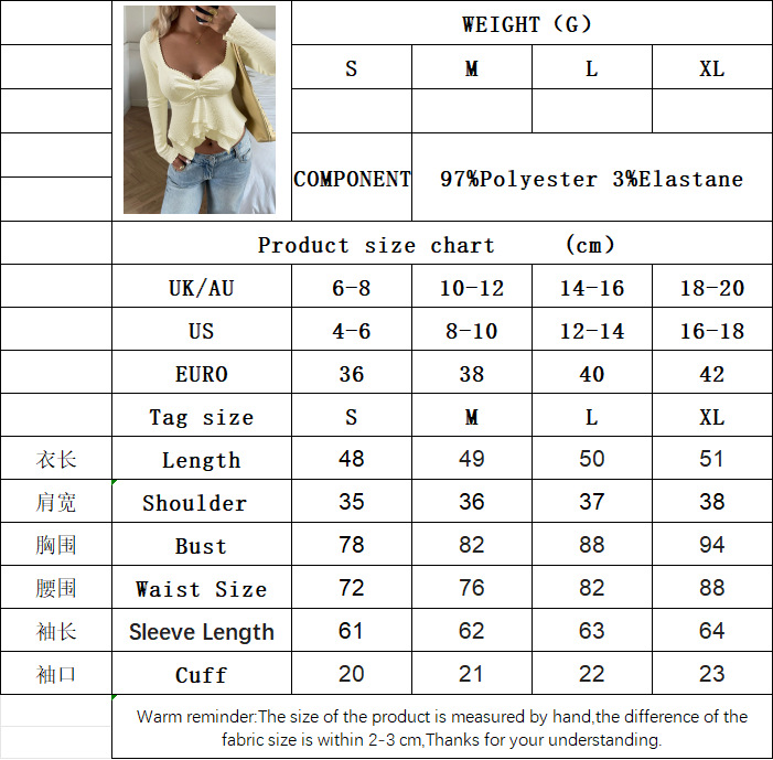 Women’s Square Neck Bow Long Sleeve Ruffled Hem – Spring/Summer Slim-Fit Slimming Waist-Cinching Top