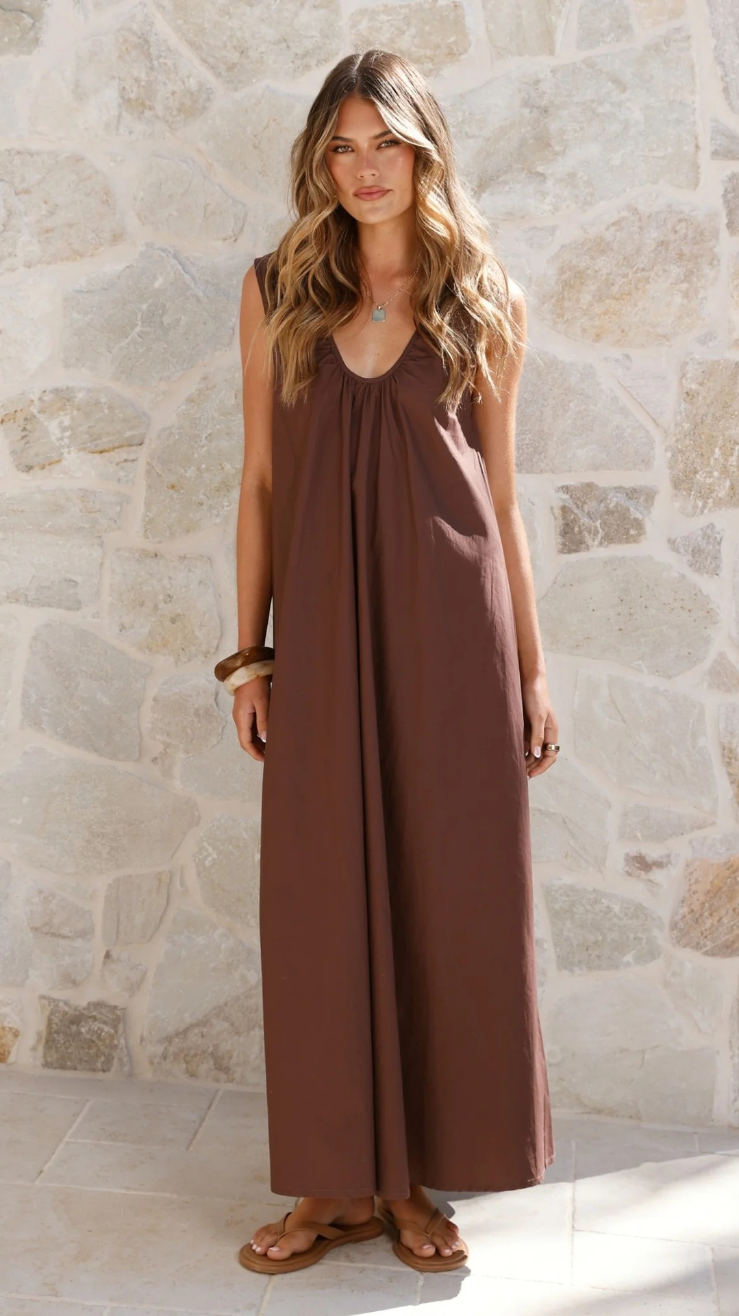 Women’s Spring/Summer New Arrival Solid U-Neck A-Line Simple Elegant Sleeveless Maxi Dress