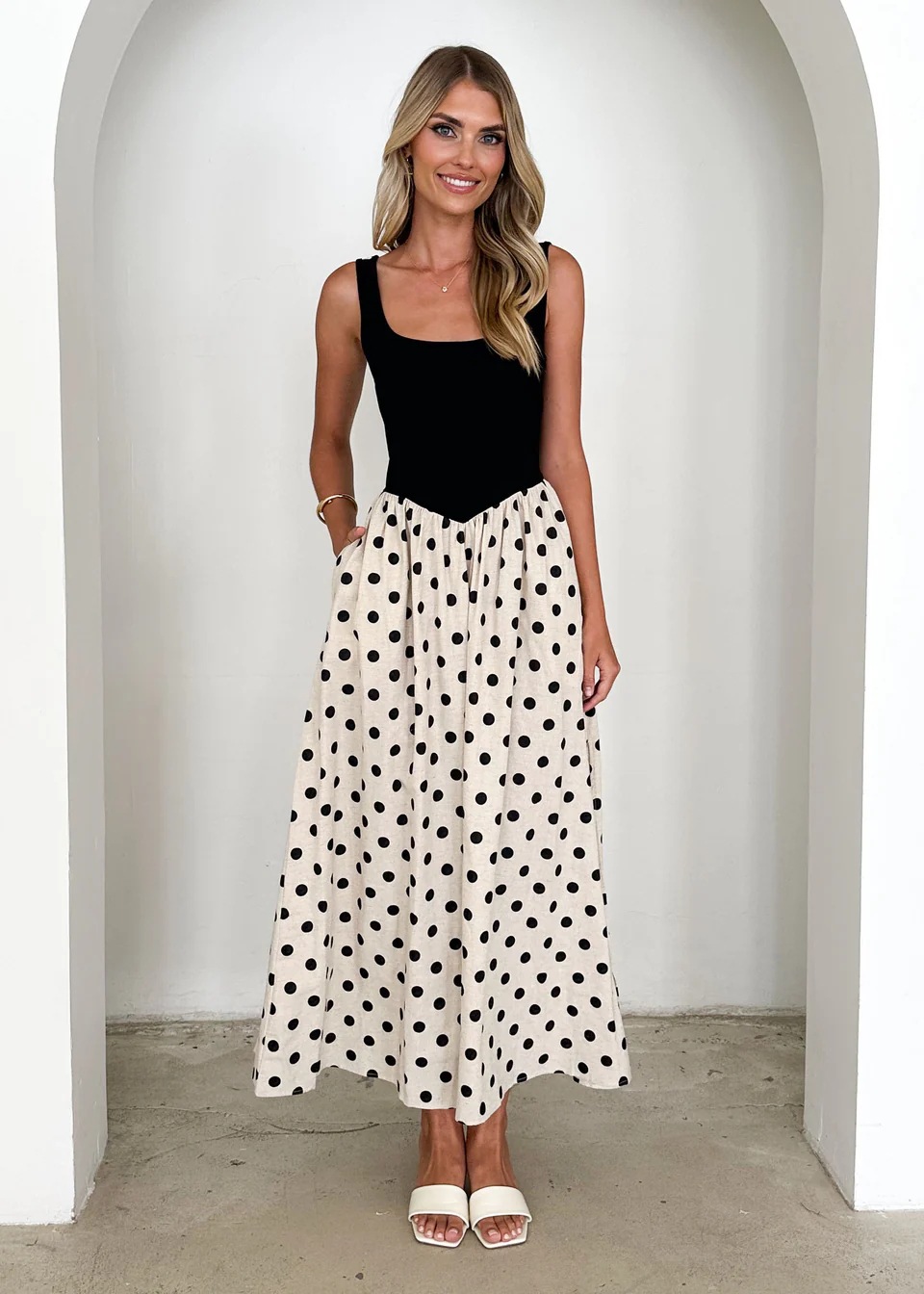 Women’s Spring/Summer New Arrival Polka Dot Print Patchwork U-Neck Flared Elegant Sleeveless Maxi Dress