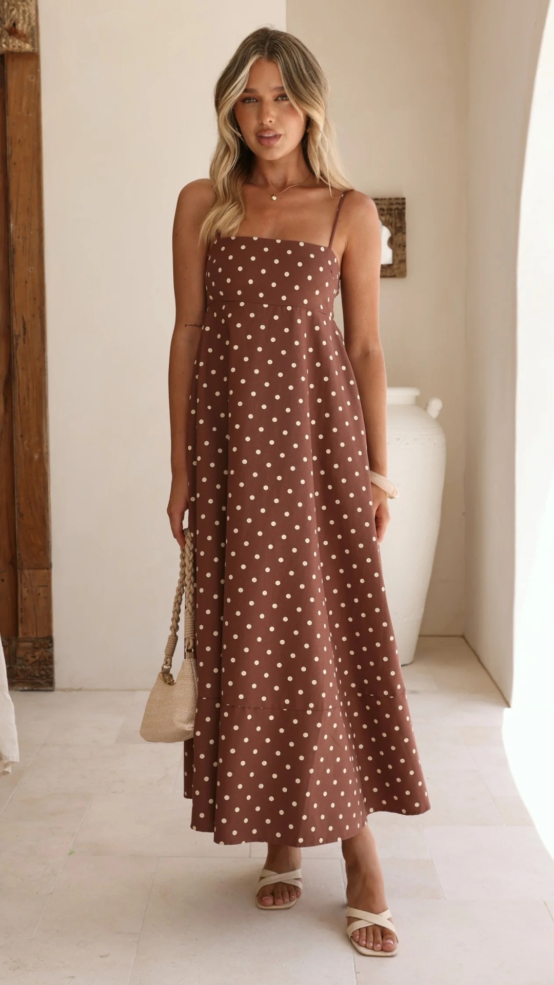 Women’s New Arrival Polka Dot Print High-Waist Flared Resort Maxi Dress
