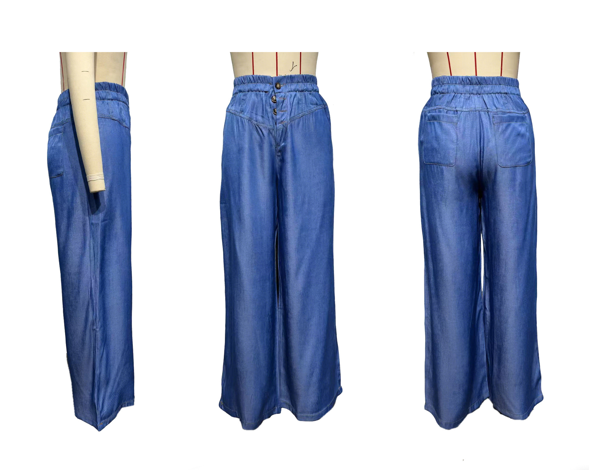 Women’s Spring/Summer Lightweight Elastic Waist Denim Long Pants – Drapey Vintage Wide-Leg Jeans