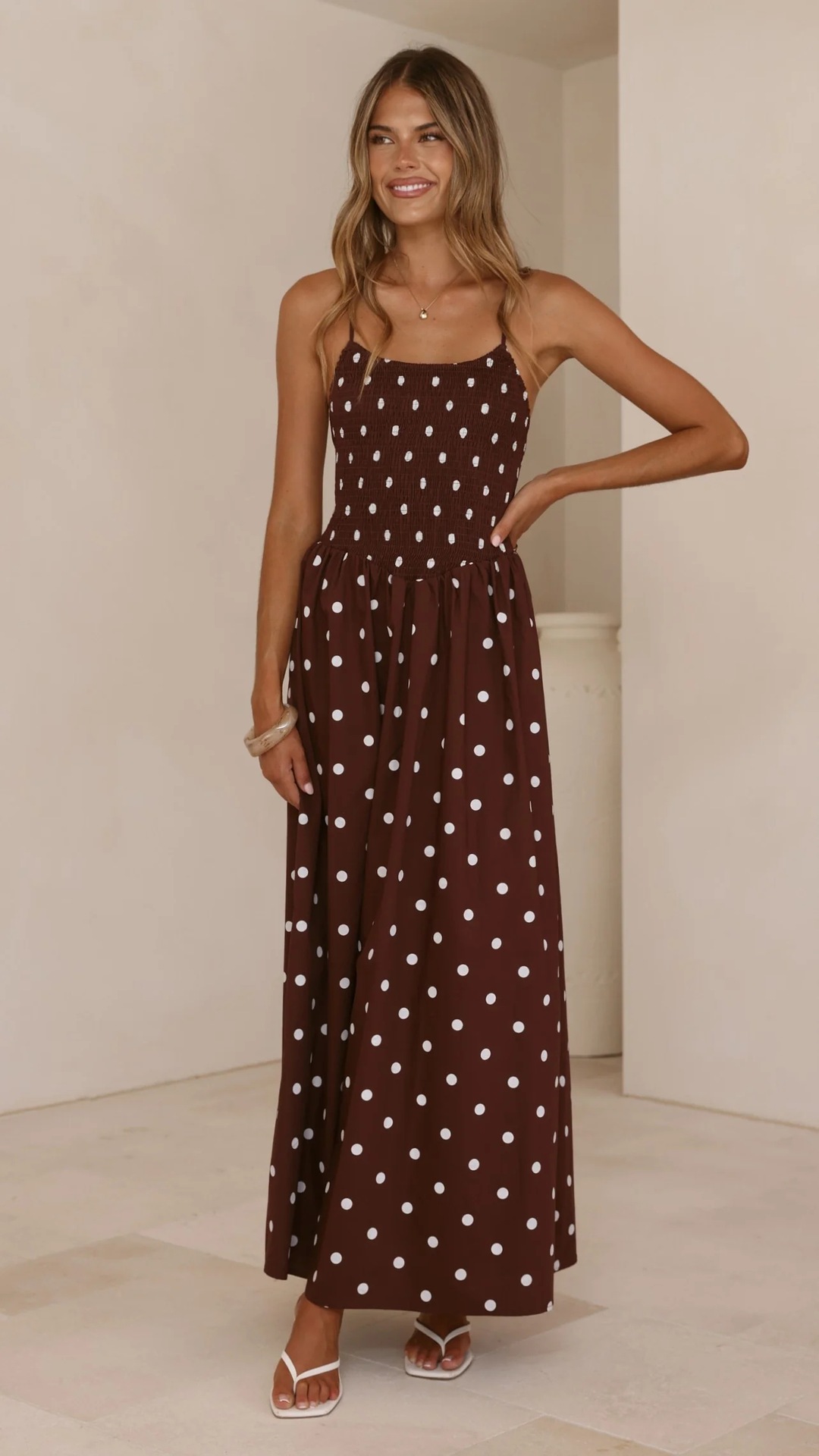Women’s Spring/Summer New Arrival Polka Dot Print French Round Neck Waist-Cinching Camisole Flared Maxi Dress
