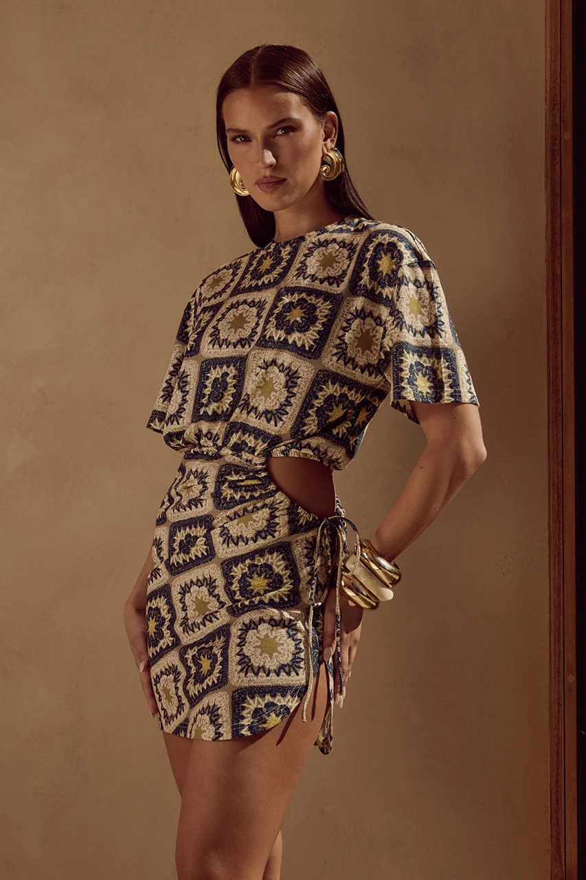 Women’s New Arrival Unique Printed Waist Cut-Out Drawstring Sexy Bodycon Mini Dress