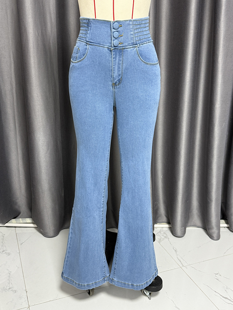 Women’s High-Waist Elastic Waistband Button-Fly Stretch Slim-Fit Wide-Leg Long Jeans