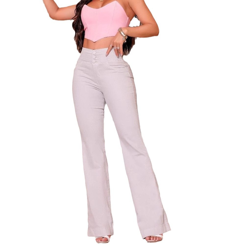 Women’s High-Waist Elastic Waistband Button-Fly Stretch Slim-Fit Wide-Leg Long Jeans
