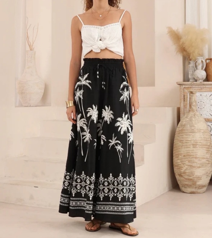 Women’s New Arrival Printed Wide-Leg Pants – Loose Casual Resort Style Elastic Waist Long Pants