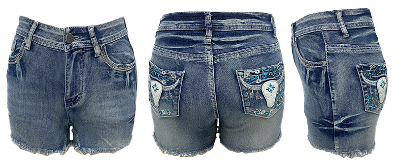 Women’s Vintage Summer Denim Shorts – Bull Head Embroidery, Distressed Raw Hem, Slim-Fit Hot Shorts, In Stock