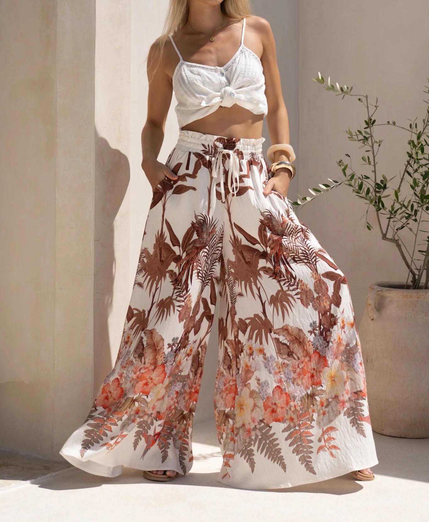 Women’s Summer New Arrival Leaf Print Loose Wide-Leg Casual Pants