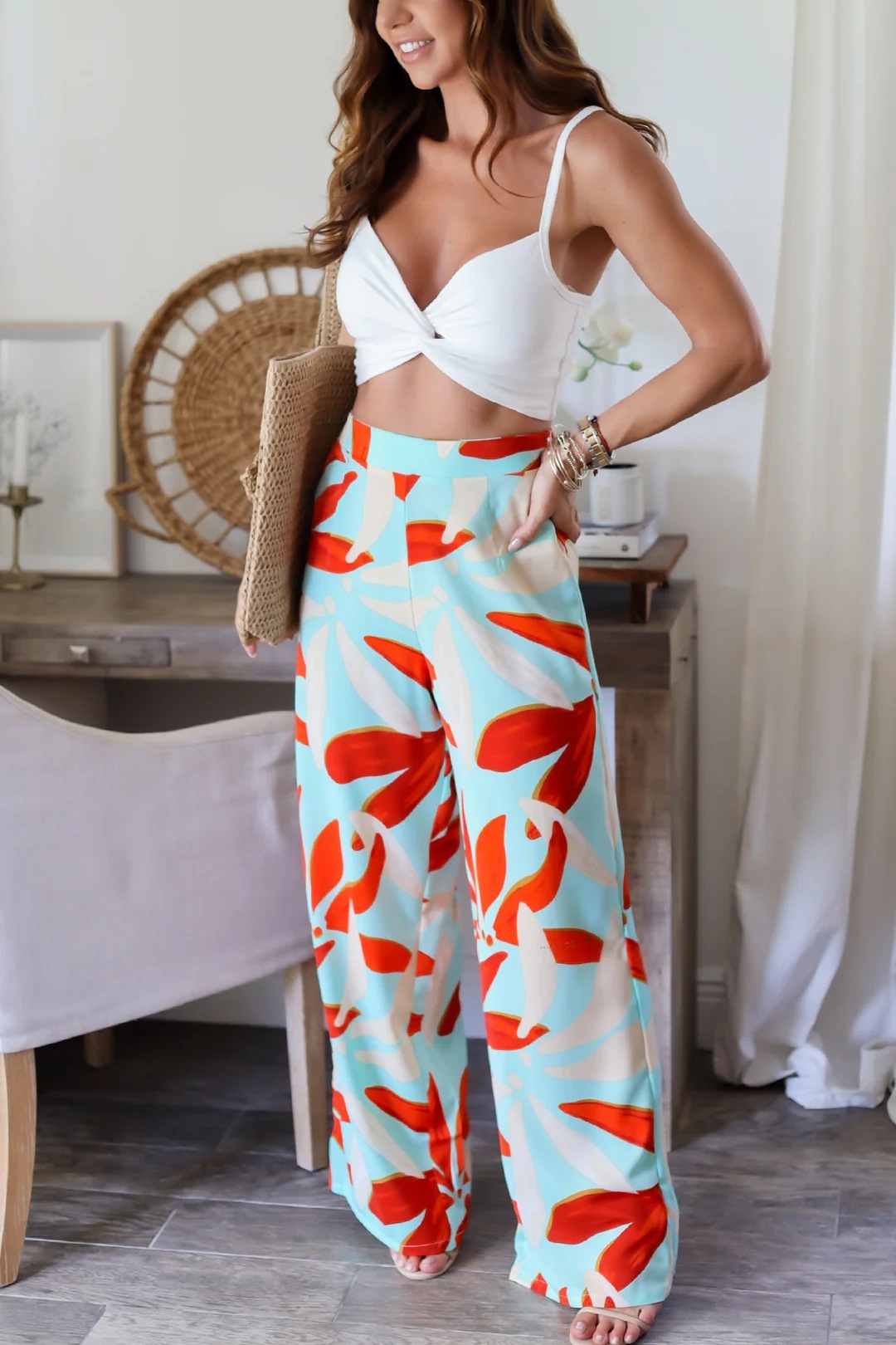 Women’s Summer New Arrival Leaf Print Wide-Leg Casual Pants – High-Waist Straight Long Pants