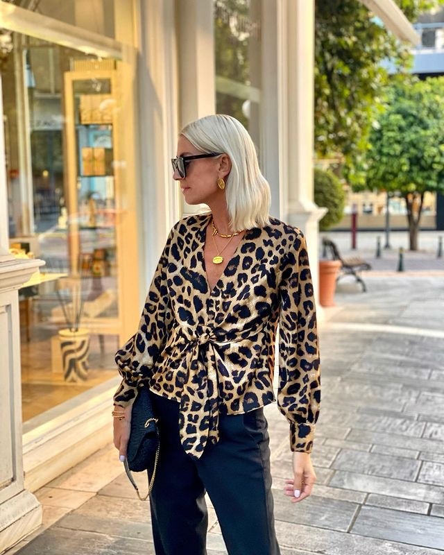 Women’s Leopard Print Tie V-Neck Elegant Long Sleeve Shirt