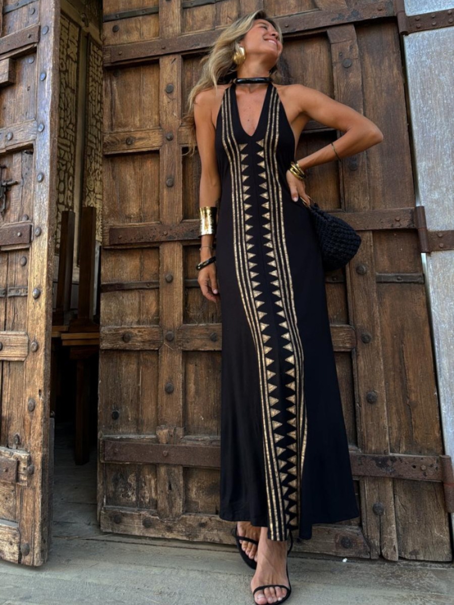 Women’s Summer New Arrival Influencer Style Placement Print V-Neck Backless Halter Tie Sexy Maxi Dress