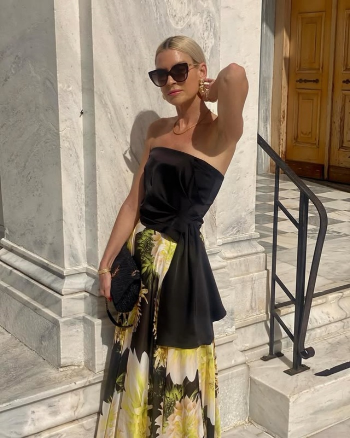 Women’s Influencer Style Sexy Strapless Top + Printed Flared Skirt Set