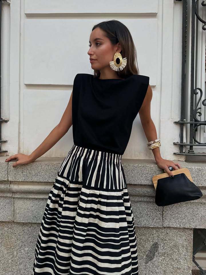 Women’s New Arrival Stripe Print Pleated Elegant A-Line Skirt