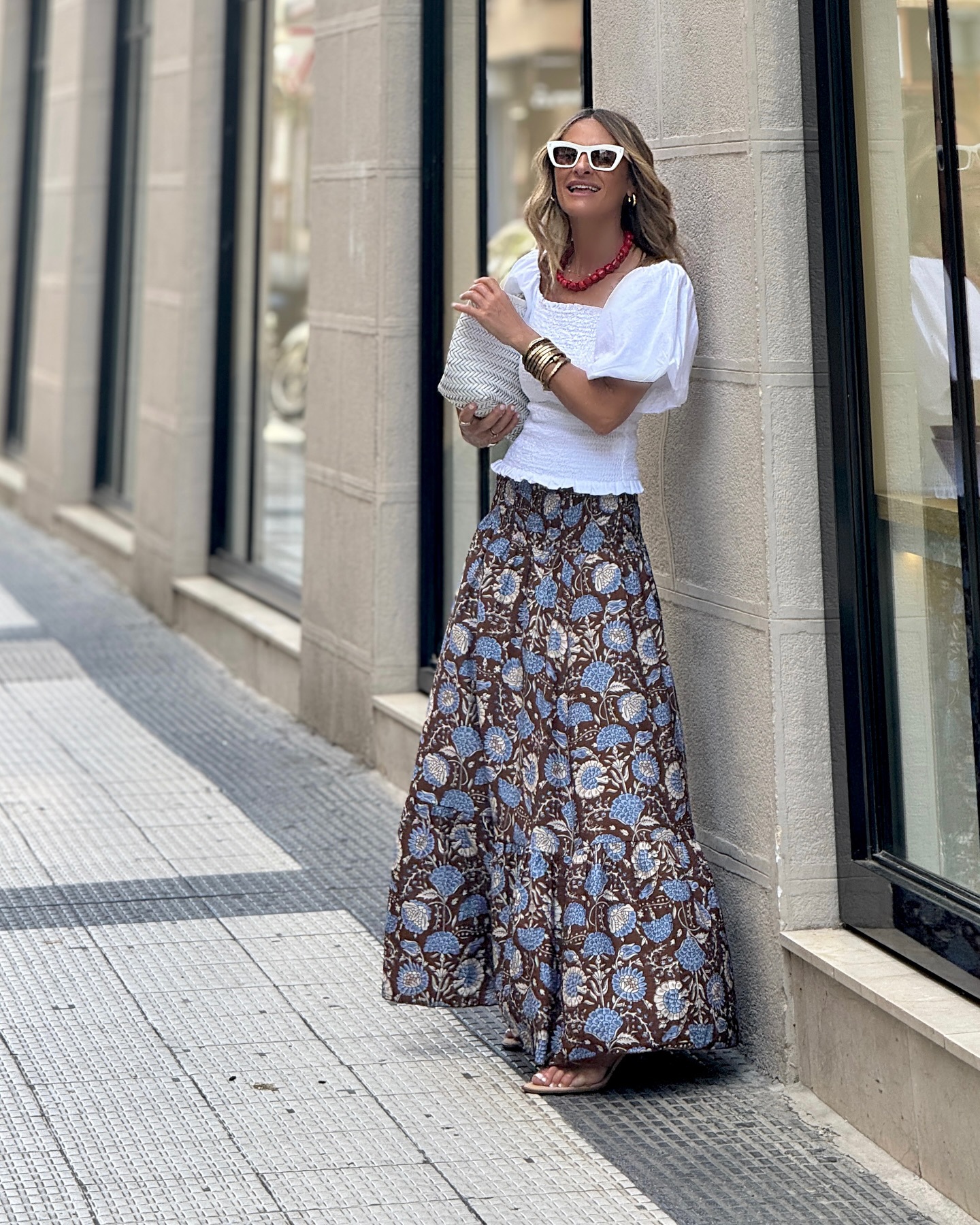 Women’s Influencer Style Elastic Waist Flared Printed Long Skirt