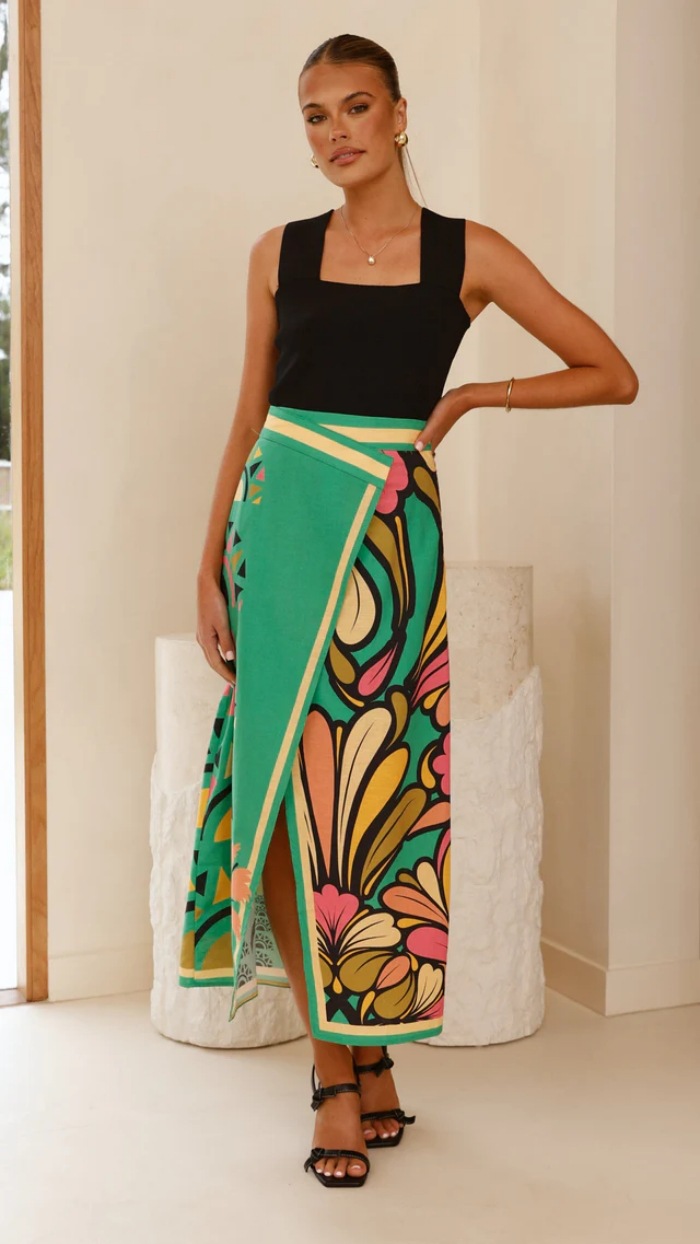 Women’s Summer New Arrival Placement Print Bodycon Slit Sexy Slim-Fit Skirt